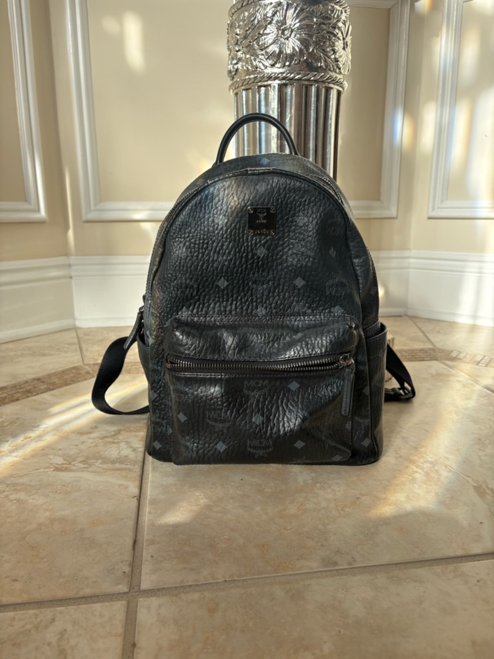 MCM Black Leather Monogram Mini Backpack